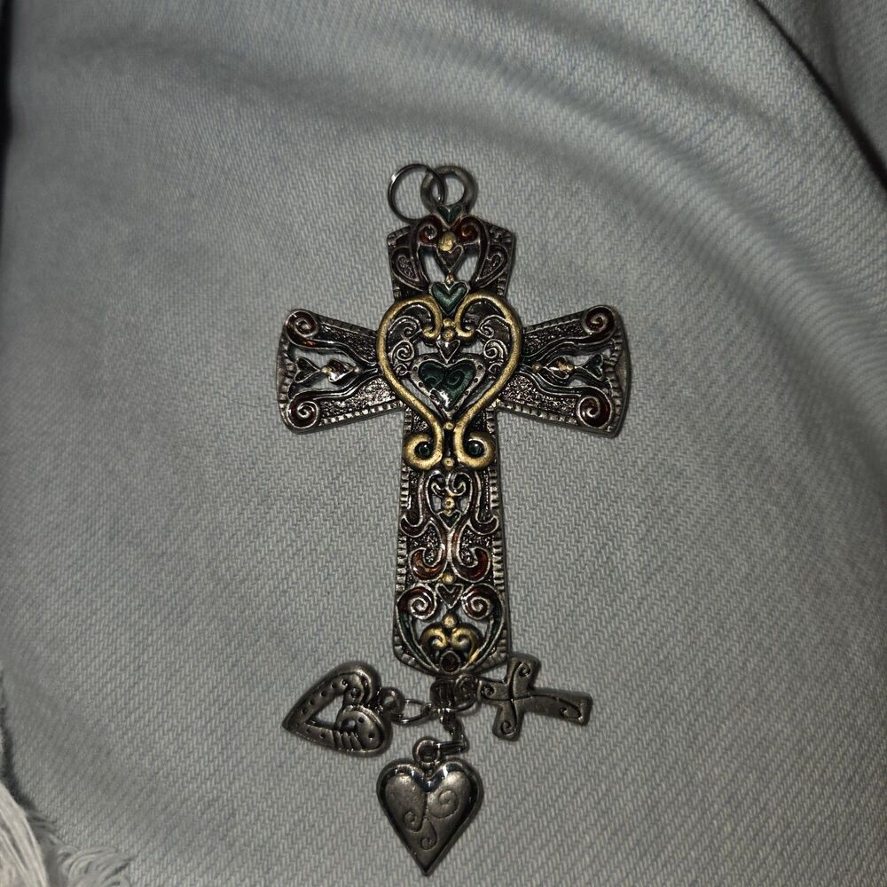 Brighton Ornate Enamel Filagree Cross Pendant with Dangle Charms - Silver Tone
